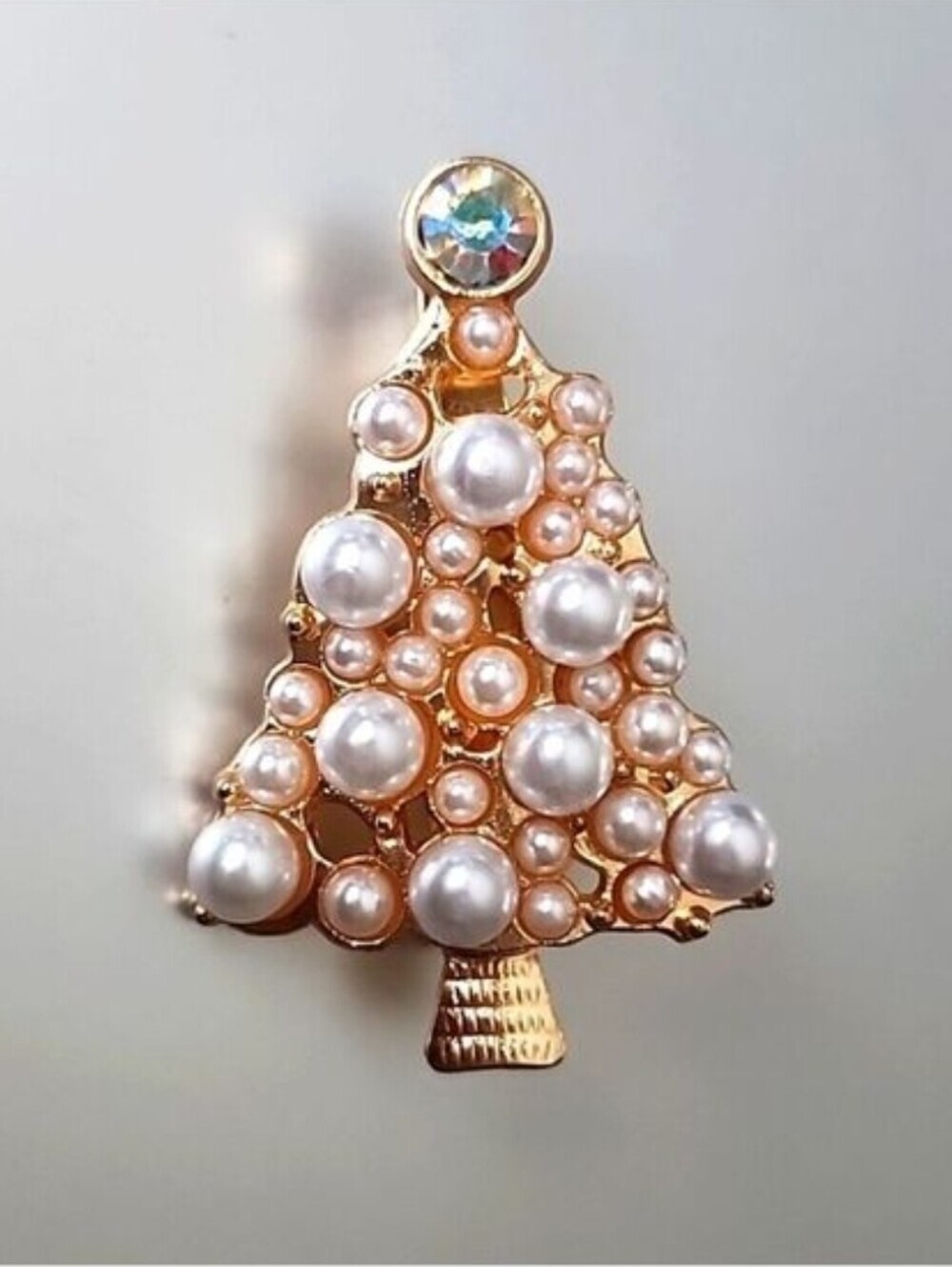 Snowy Pearl and Rhinestone Christmas Tree Brooch